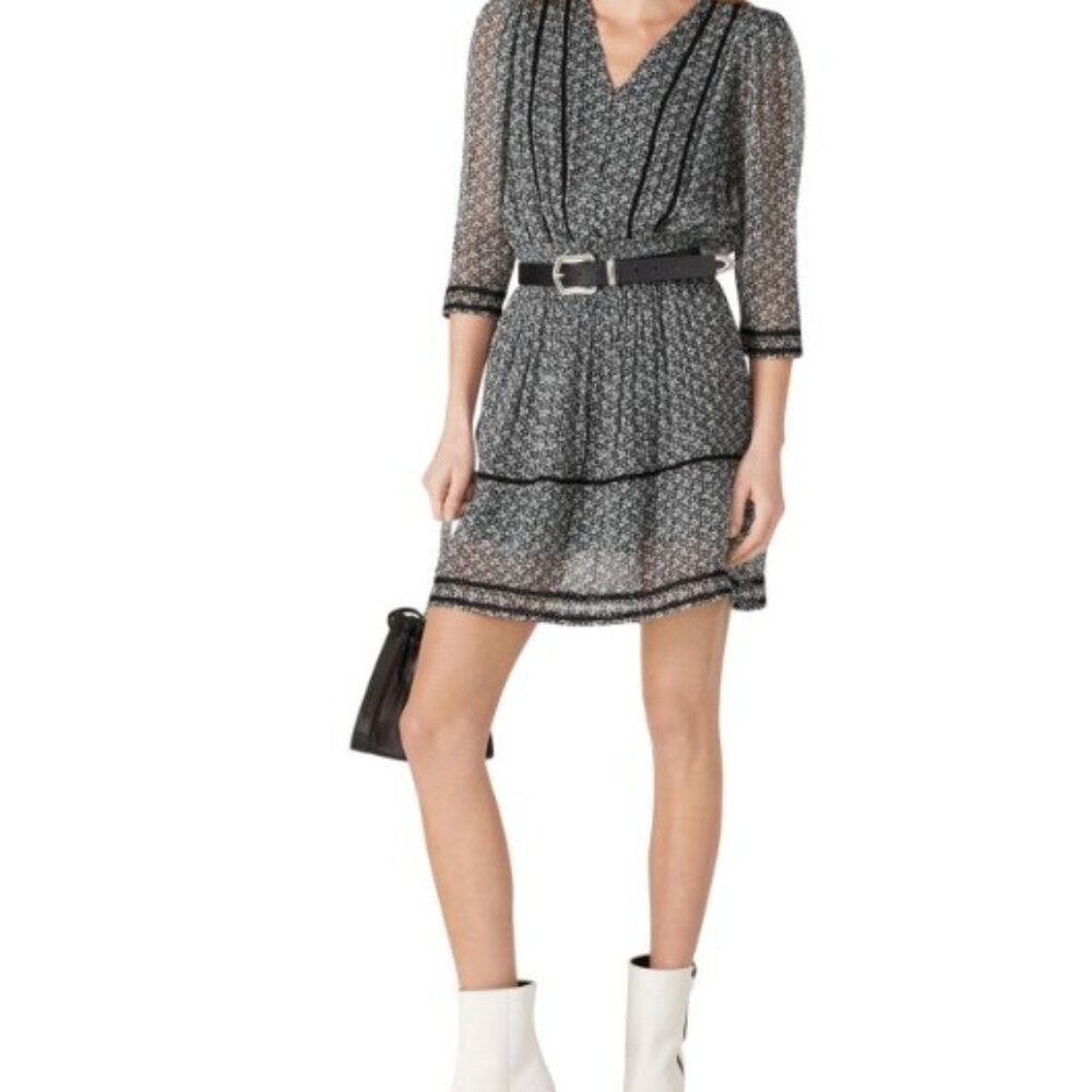 The Kooples Black & White Floral Mini Dress – V-Neck, Smocked Waist – Size 0